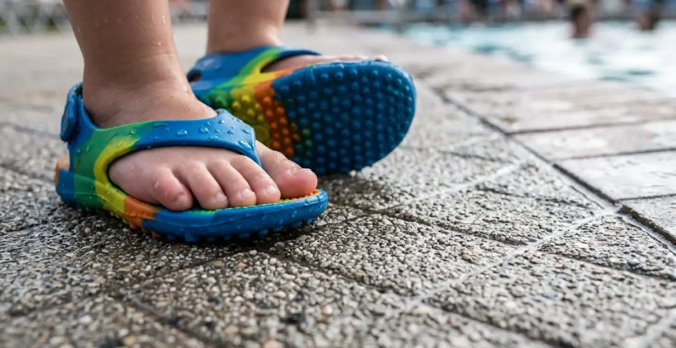 Dettaglio di piedi di bambino con ciabatte antiscivolo su pavimentazione della piscina
