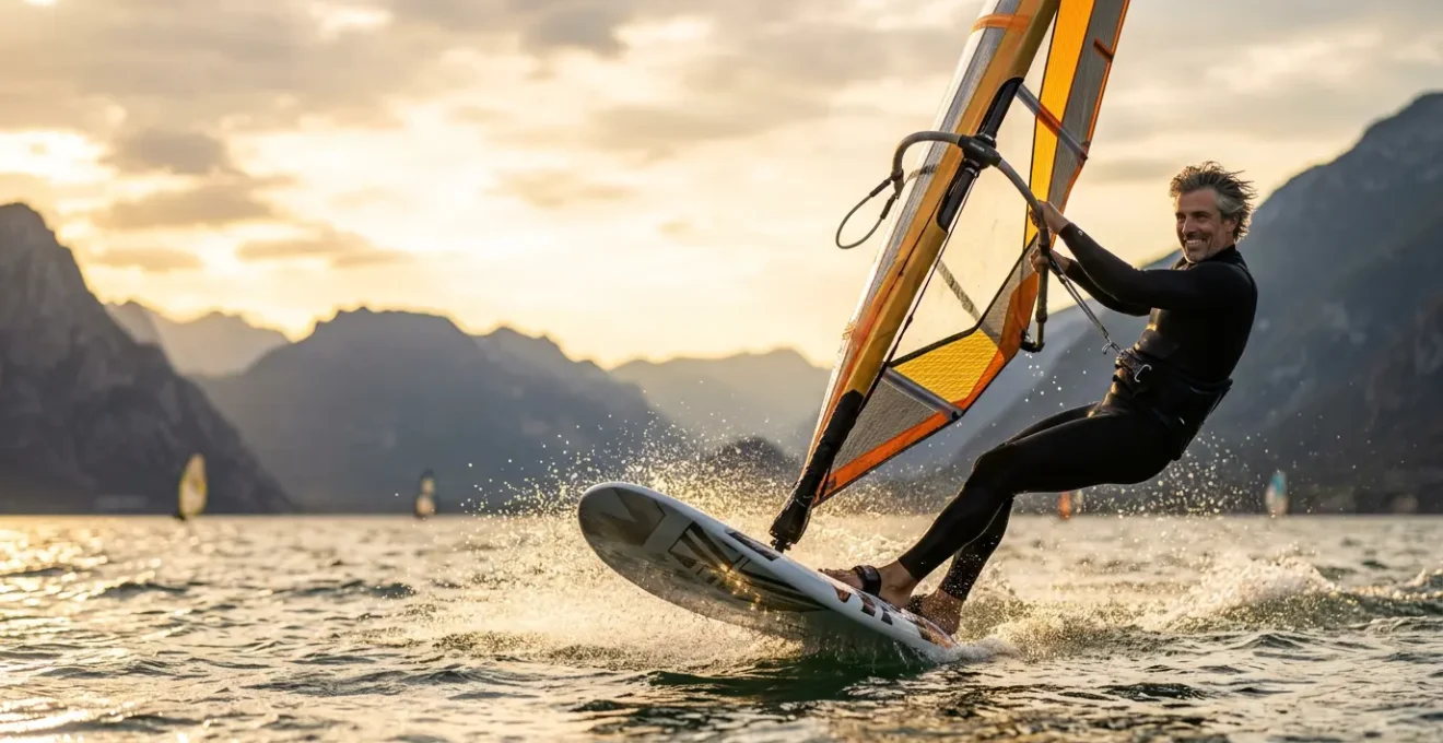 Uomo di mezza età che plana su tavola da windsurf al tramonto su un lago italiano