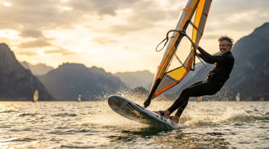 Uomo di mezza età che plana su tavola da windsurf al tramonto su un lago italiano