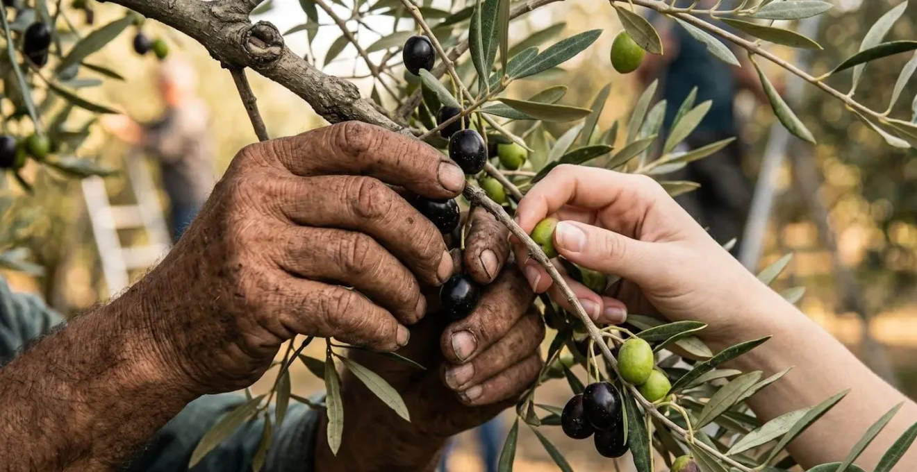 Mani che raccolgono olive insieme alla famiglia dell'agriturismo