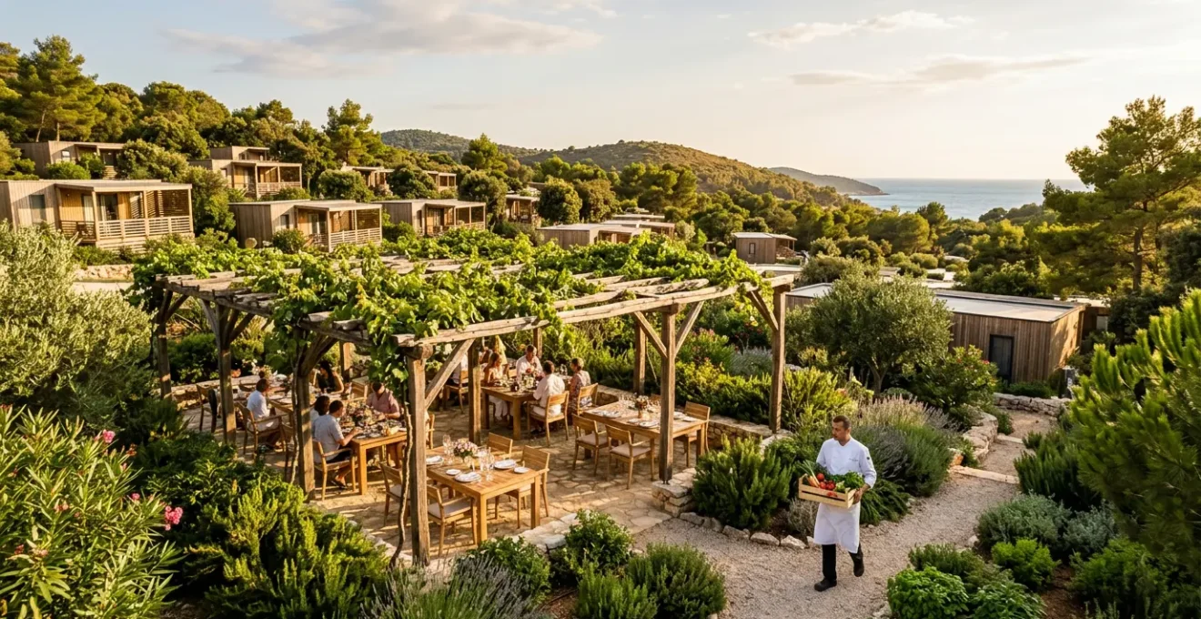 Vista panoramica di un elegante ristorante all'aperto in un villaggio vacanze immerso nella natura