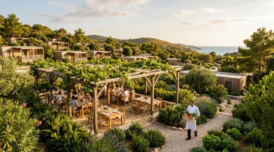 Vista panoramica di un elegante ristorante all'aperto in un villaggio vacanze immerso nella natura