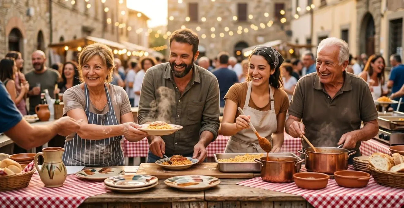Volontari sorridenti preparano piatti tradizionali in una sagra di paese italiana