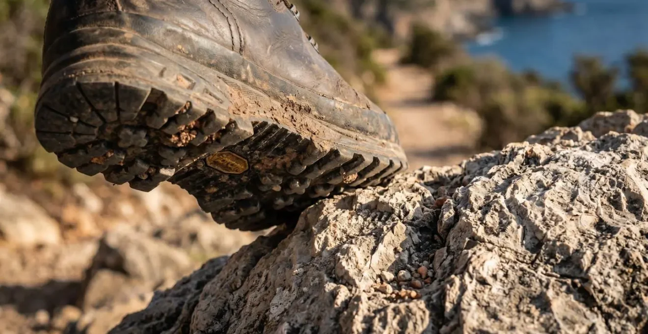 Dettaglio ravvicinato di scarpe da trekking su sentiero roccioso costiero