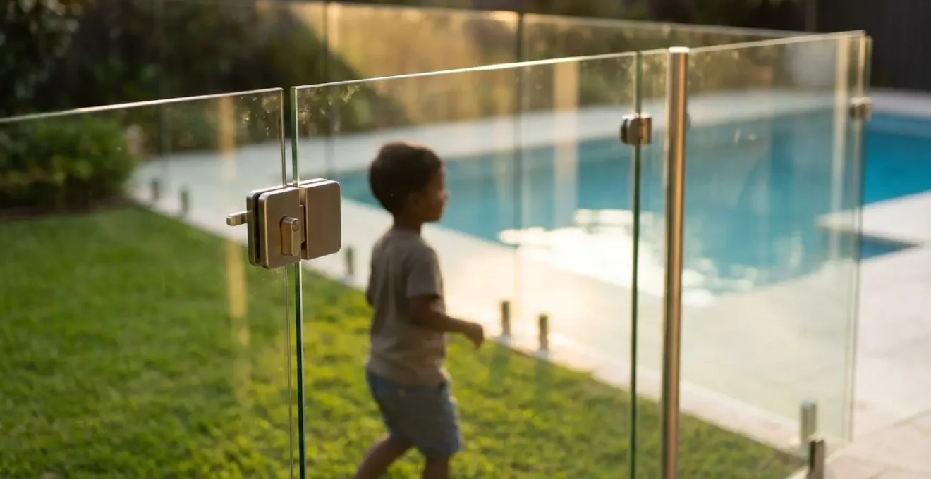 Recinzione di sicurezza in vetro temperato attorno a piscina privata con cancello chiuso