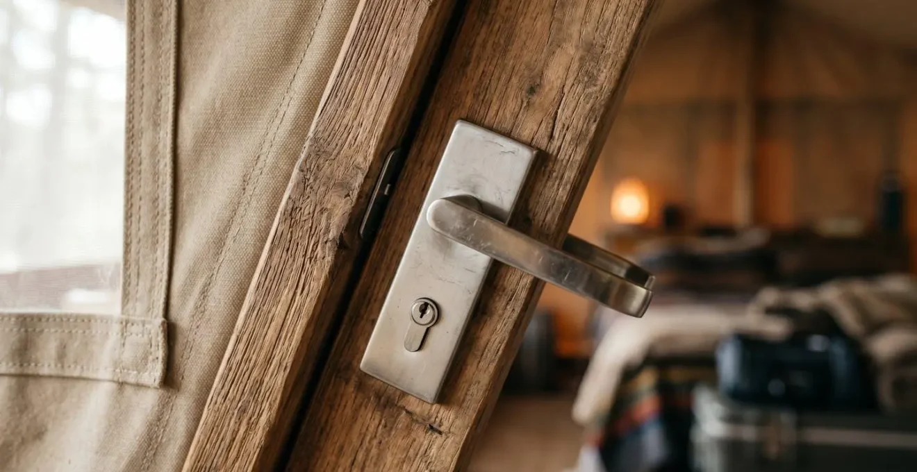 Dettaglio di porta in legno massiccio integrata in tenda safari con serratura moderna
