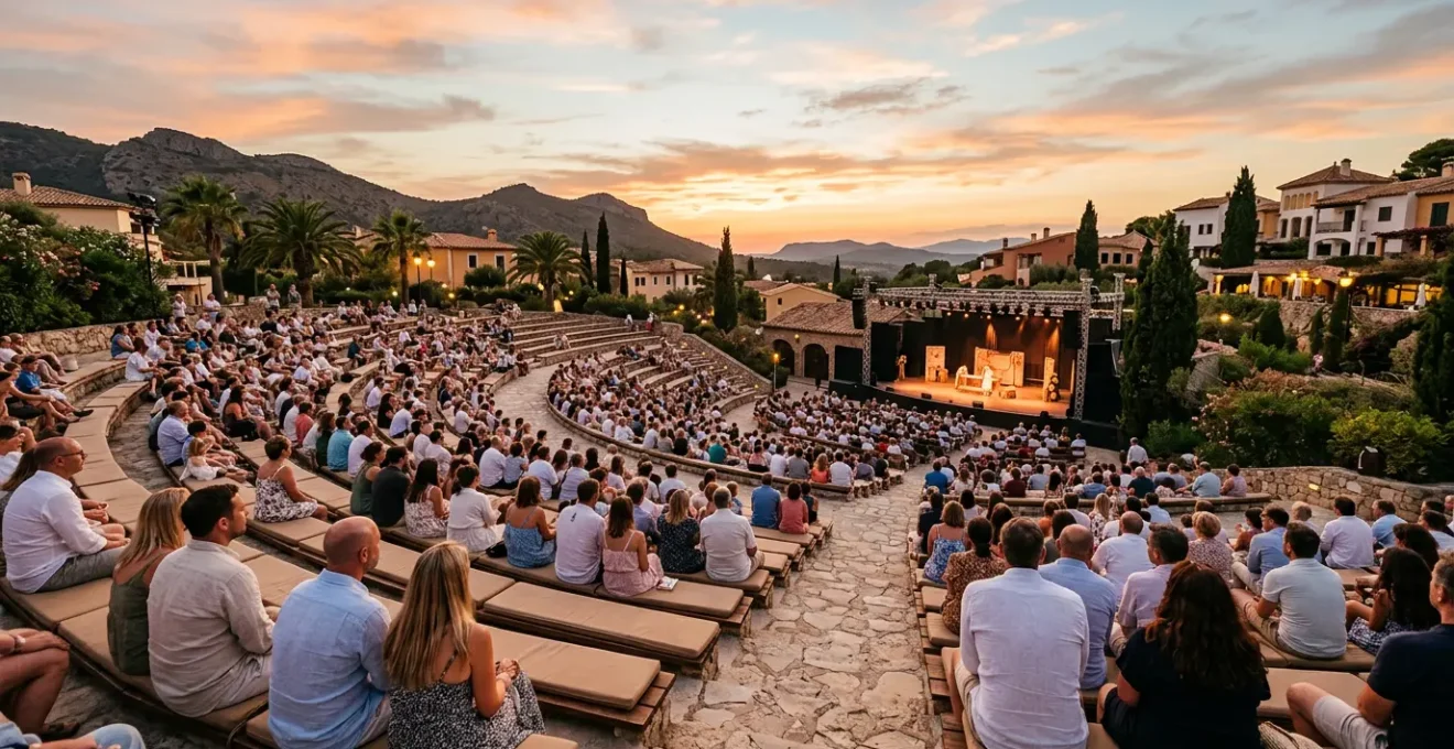 Vista panoramica di un anfiteatro esterno illuminato al tramonto con famiglie sedute su posti confortevoli mentre guardano uno spettacolo serale professionale