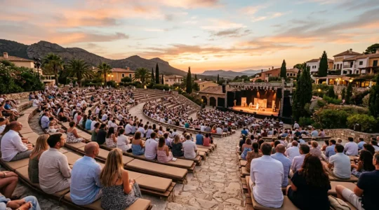 Vista panoramica di un anfiteatro esterno illuminato al tramonto con famiglie sedute su posti confortevoli mentre guardano uno spettacolo serale professionale