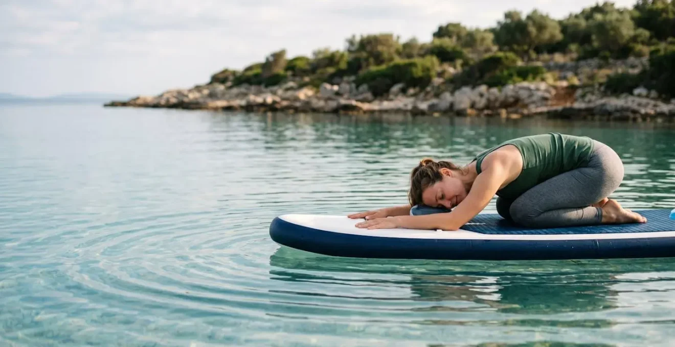 Persona in posizione yoga semplice su SUP in acque calme