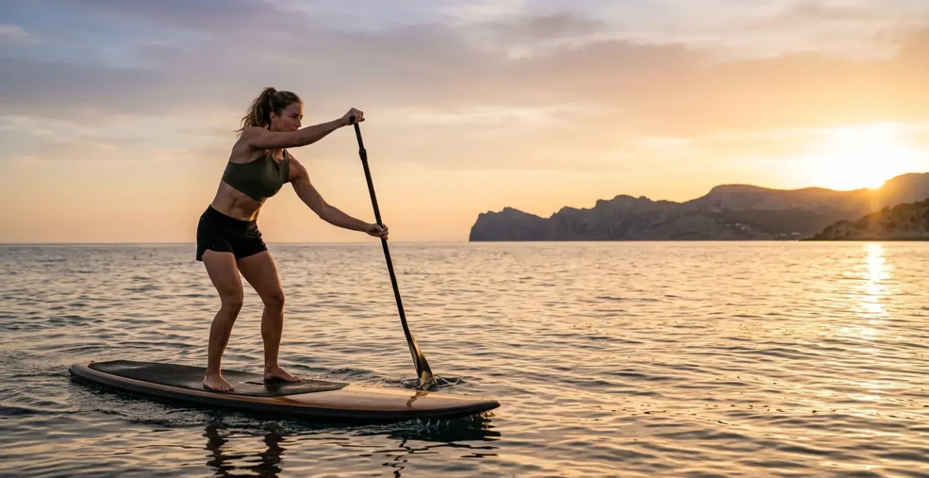 Persona in equilibrio su SUP al tramonto mentre tonifica il core