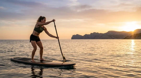 Persona in equilibrio su SUP al tramonto mentre tonifica il core