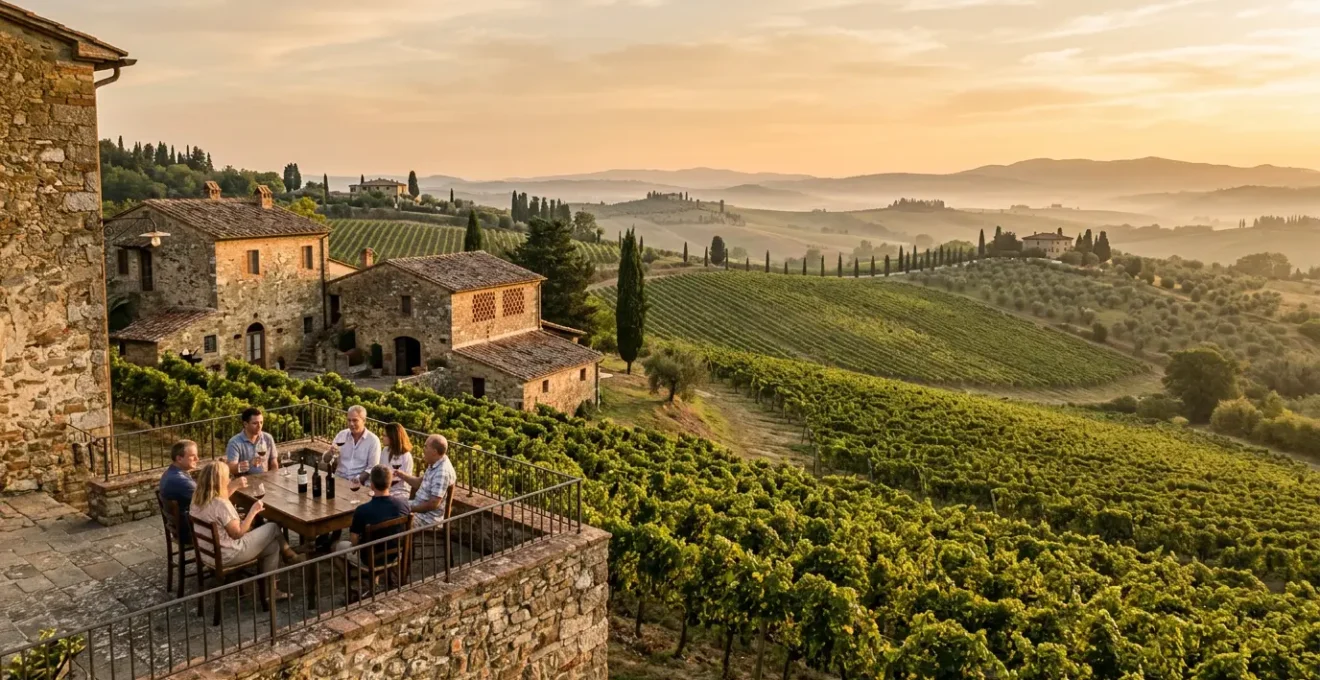Vista panoramica di colline italiane con vigneti, cantine storiche e frantoi tra le dolci colline toscane