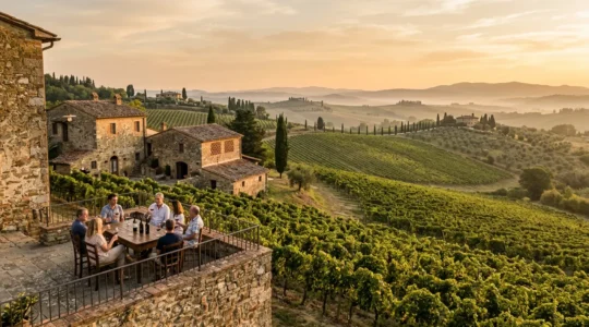 Vista panoramica di colline italiane con vigneti, cantine storiche e frantoi tra le dolci colline toscane