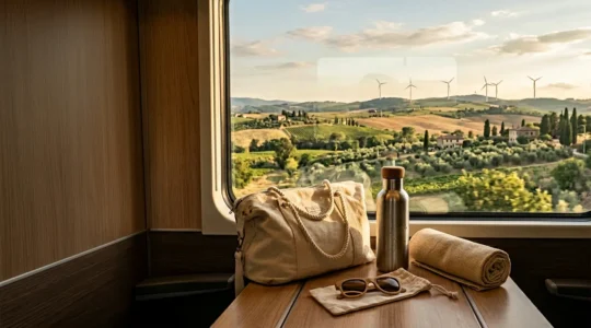 Viaggiatori in treno che guardano paesaggi verdi con biciclette e attrezzatura da campeggio eco-friendly