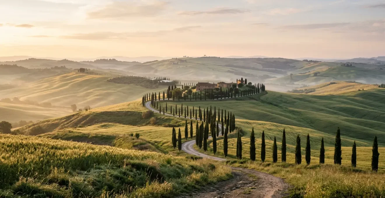 Colline ondulate della Val d'Orcia con filari di cipressi all'alba dorata