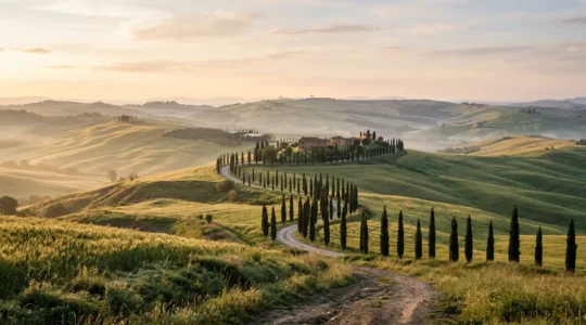 Colline ondulate della Val d'Orcia con filari di cipressi all'alba dorata
