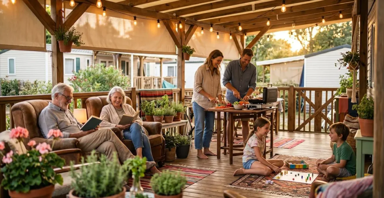 Ampia veranda arredata di casa mobile utilizzata come zona pranzo e relax al tramonto