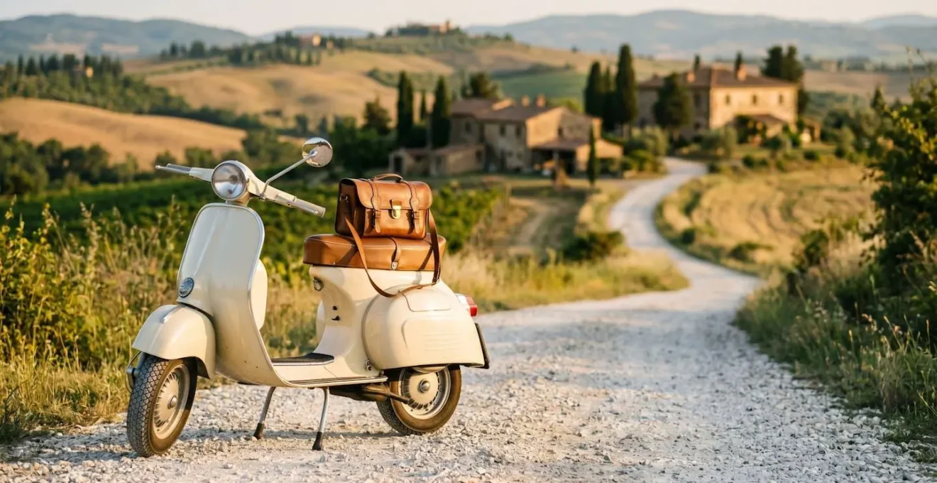 Vespa vintage parcheggiata su strada bianca con vista panoramica delle colline toscane