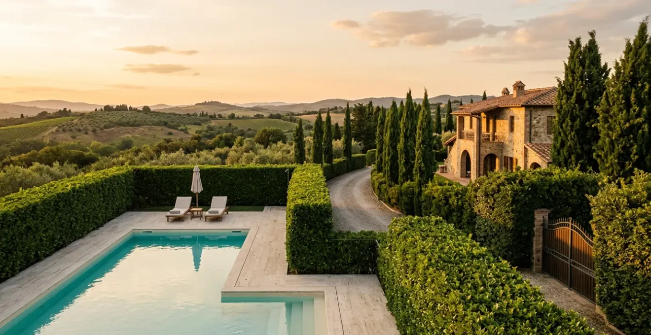 Vista panoramica di una villa di lusso con piscina privata circondata da siepi e sistemi di sicurezza
