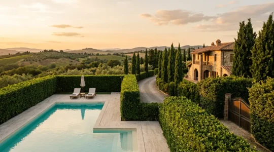 Vista panoramica di una villa di lusso con piscina privata circondata da siepi e sistemi di sicurezza