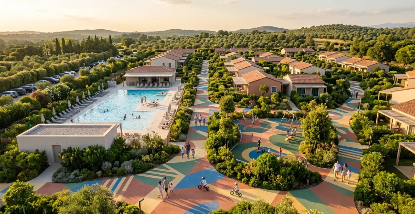 Vista panoramica di un villaggio vacanze con aree gioco sicure e percorsi pedonali per famiglie