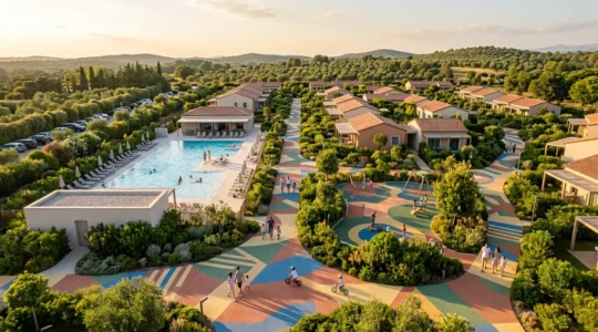 Vista panoramica di un villaggio vacanze con aree gioco sicure e percorsi pedonali per famiglie