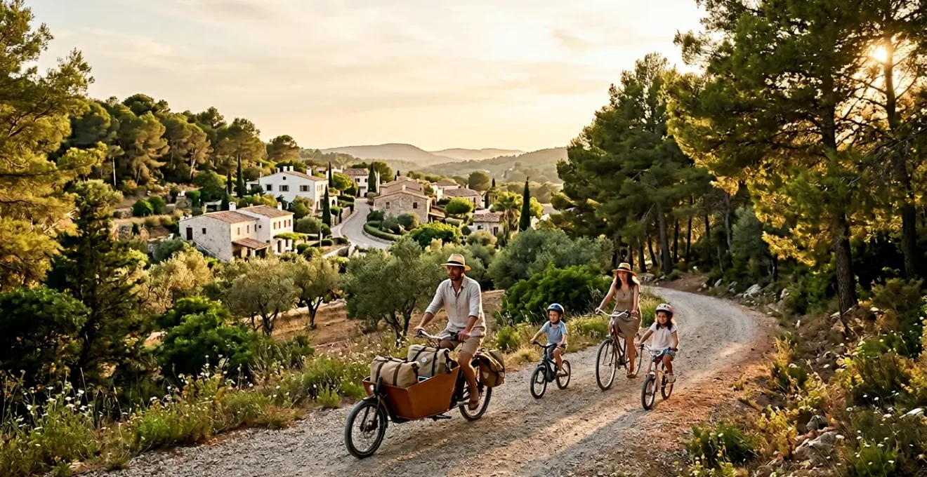 Famiglia in bicicletta in un villaggio vacanze car-free immerso nel verde