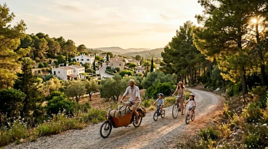 Famiglia in bicicletta in un villaggio vacanze car-free immerso nel verde