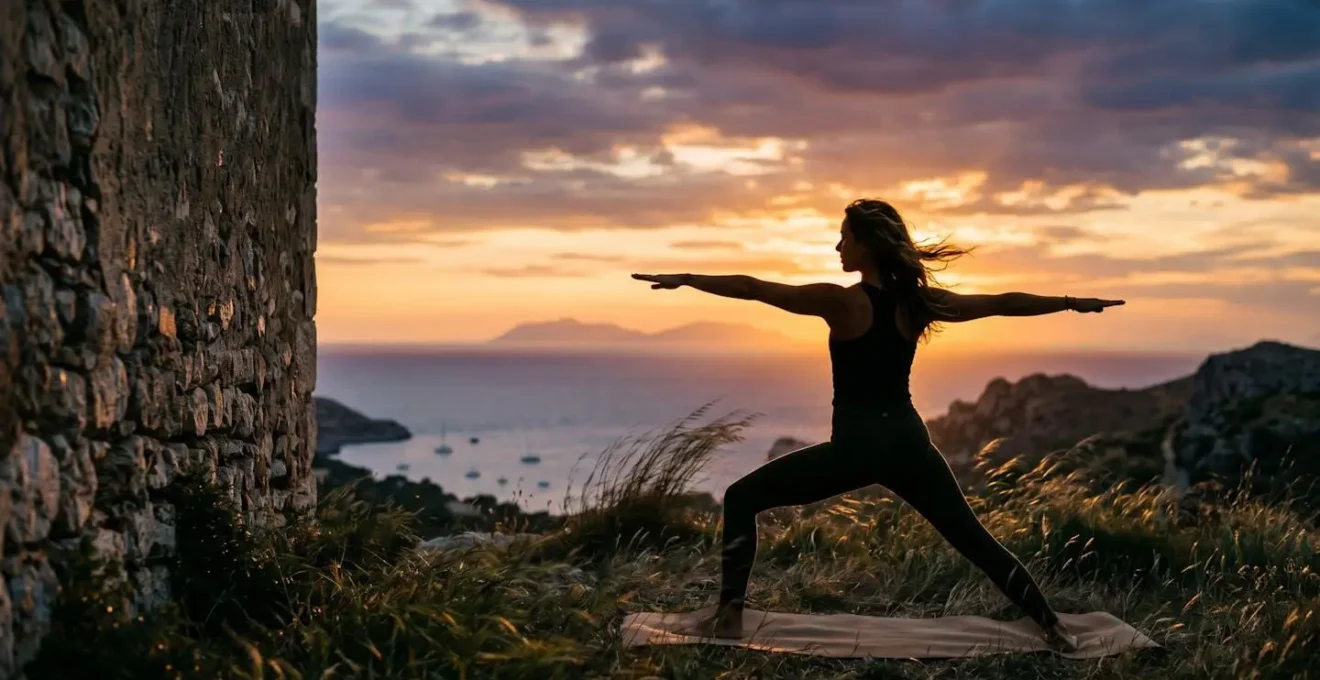 Persona in posizione yoga su collina erbosa al tramonto con vista panoramica sul mare
